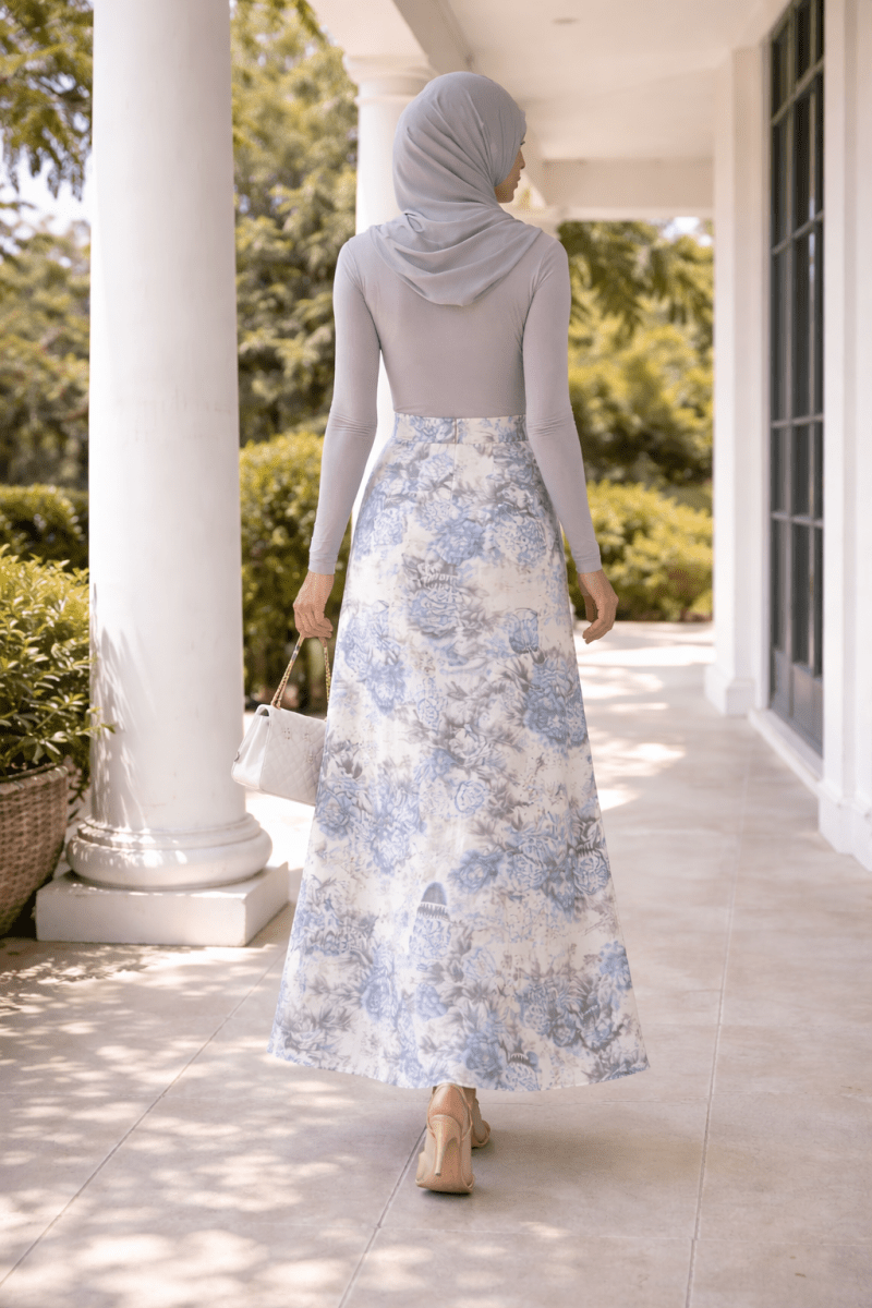 Paradise 100% Silk Maxi Skirt – Blue Floral Modest Skirt (Luxury Lightweight Silk) - Divinity Collection