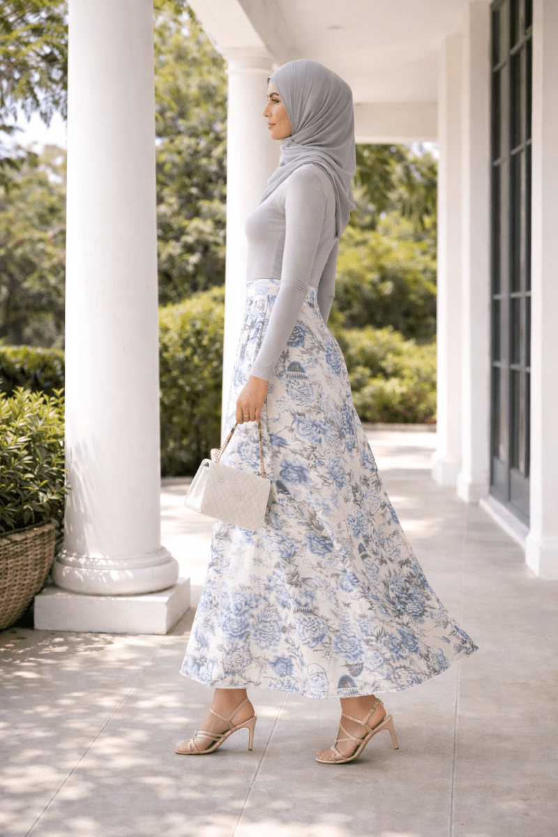 Paradise 100% Silk Maxi Skirt – Blue Floral Modest Skirt (Luxury Lightweight Silk) - Divinity Collection