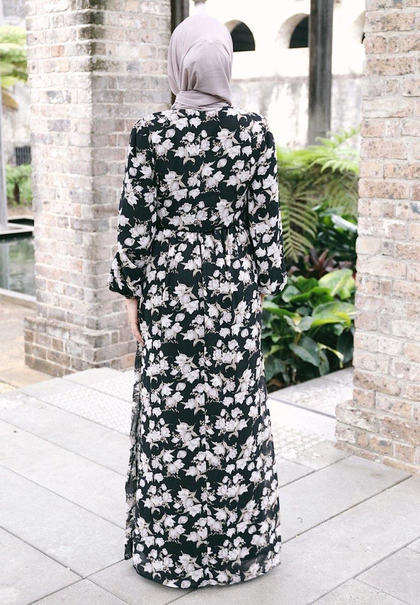Black and Dusty Purple Drawstring Floral Lace Dress - Divinity Collection