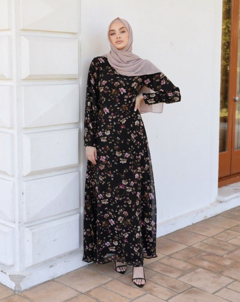 Long sleeve floral chiffon on sale dress