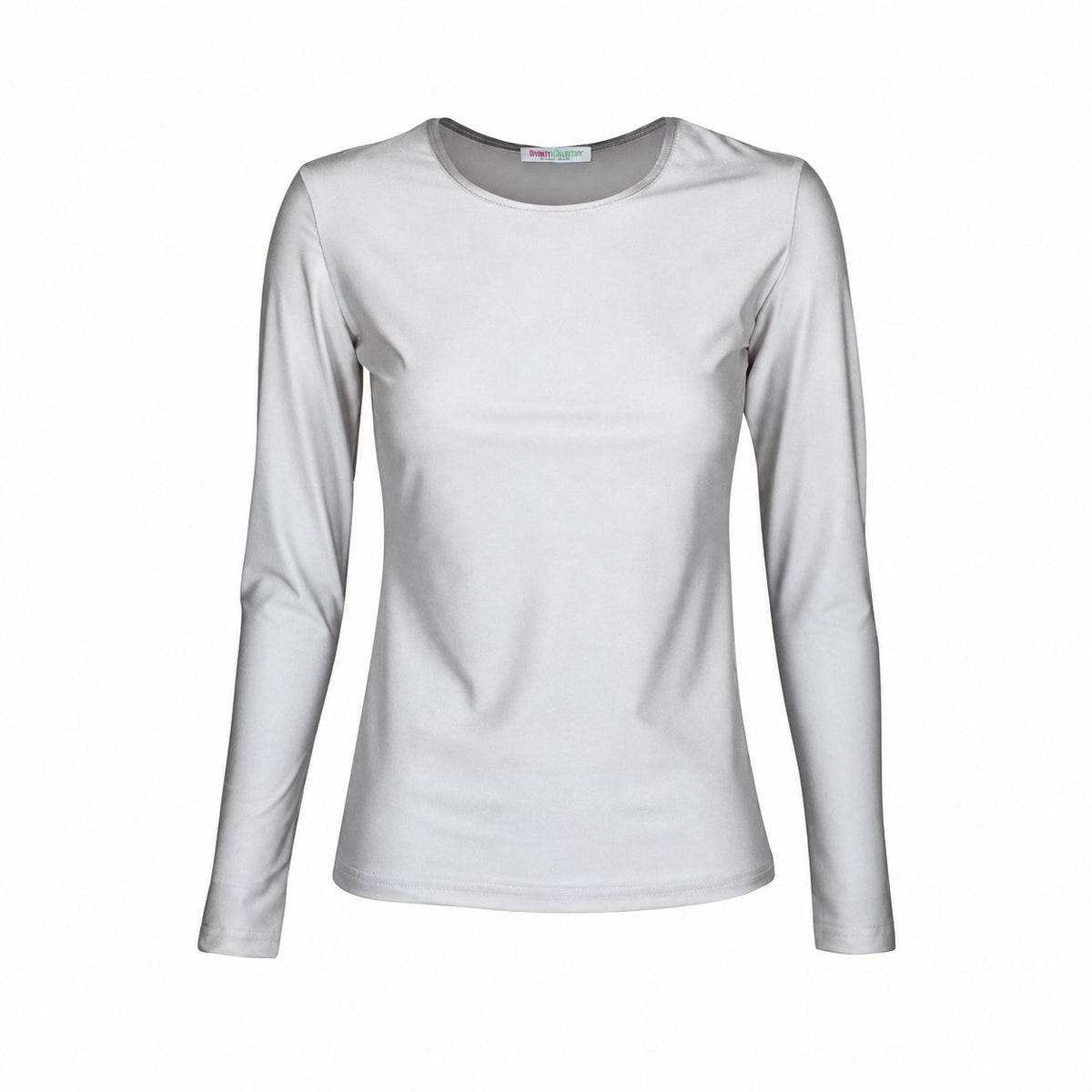 Shimmer silver long sleeve body top on a white background