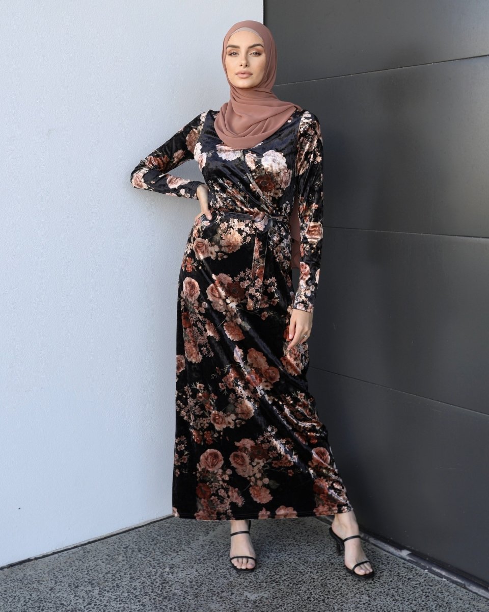 Velvet Black Bouquet Wrap Dress - Divinity Collection