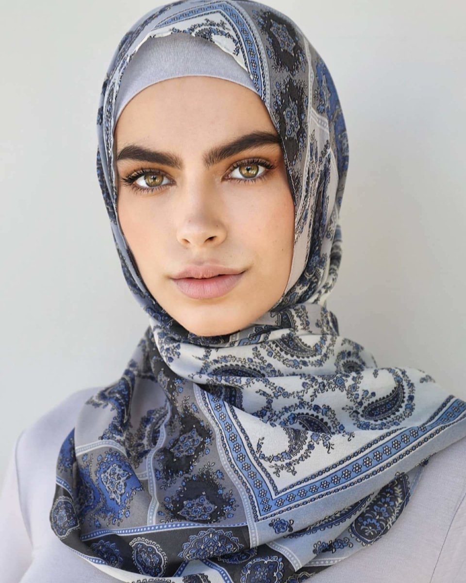 Blue Grey Patchwork Chiffon Hijab... - Divinity Collection