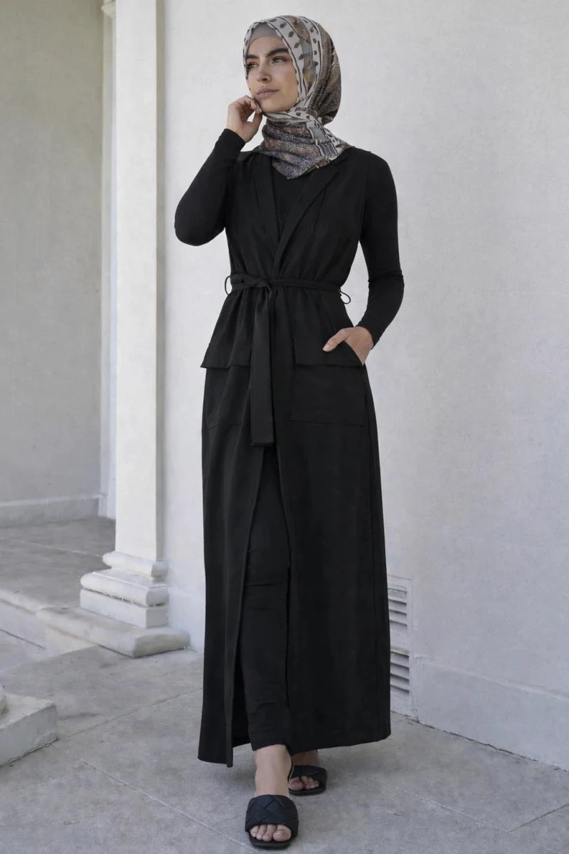 Black Tie - Waist Sleeveless Coat - Divinity Collection