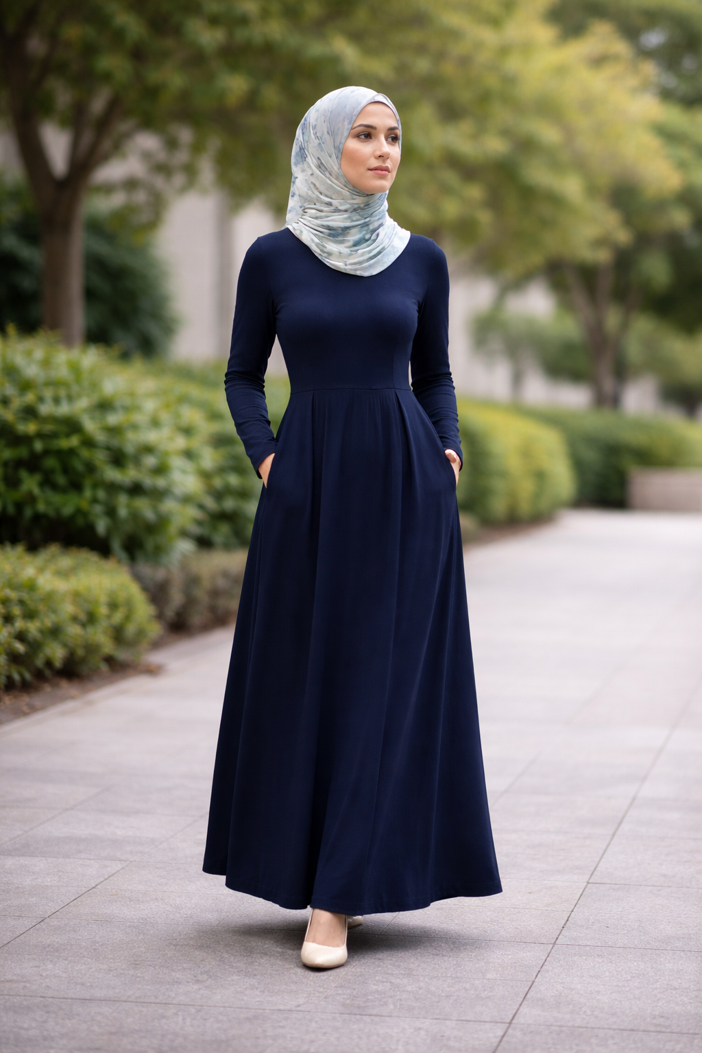 The Essential Ponte Pleated Maxi – Navy | Discreet Side Pockets