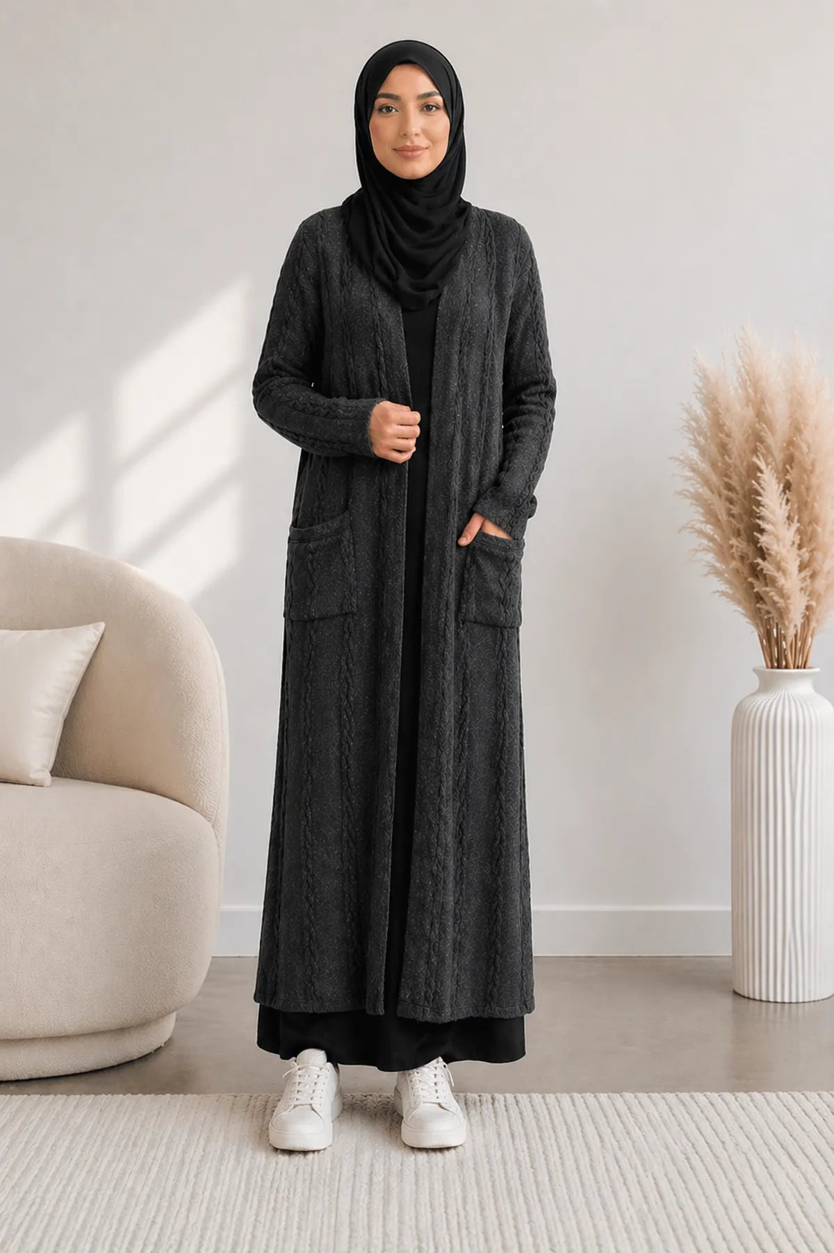 Cable Knit Long Cardigan - Charcoal | Divinity Collection