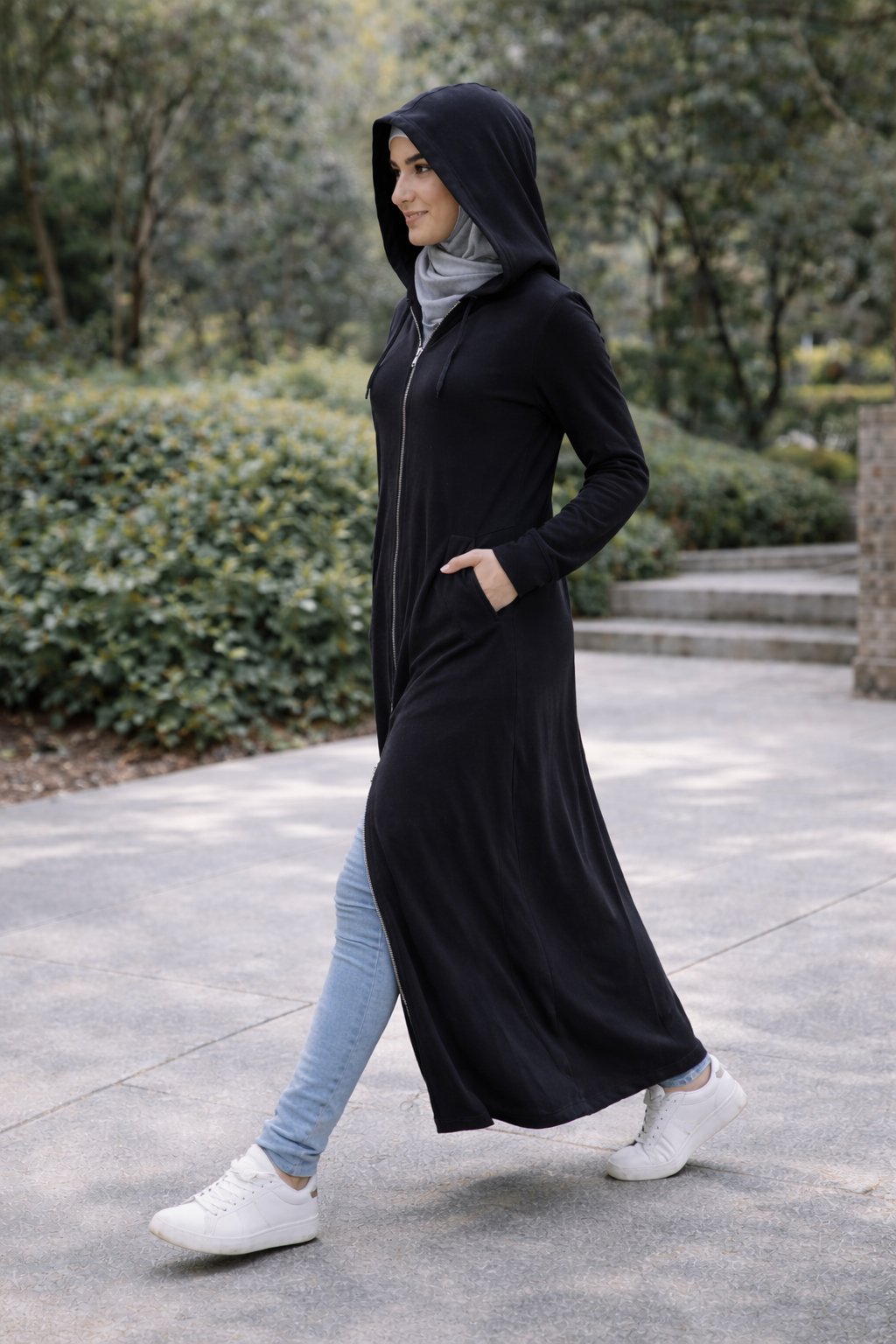 Zipper Long Hoodie Maxi Coat - Black