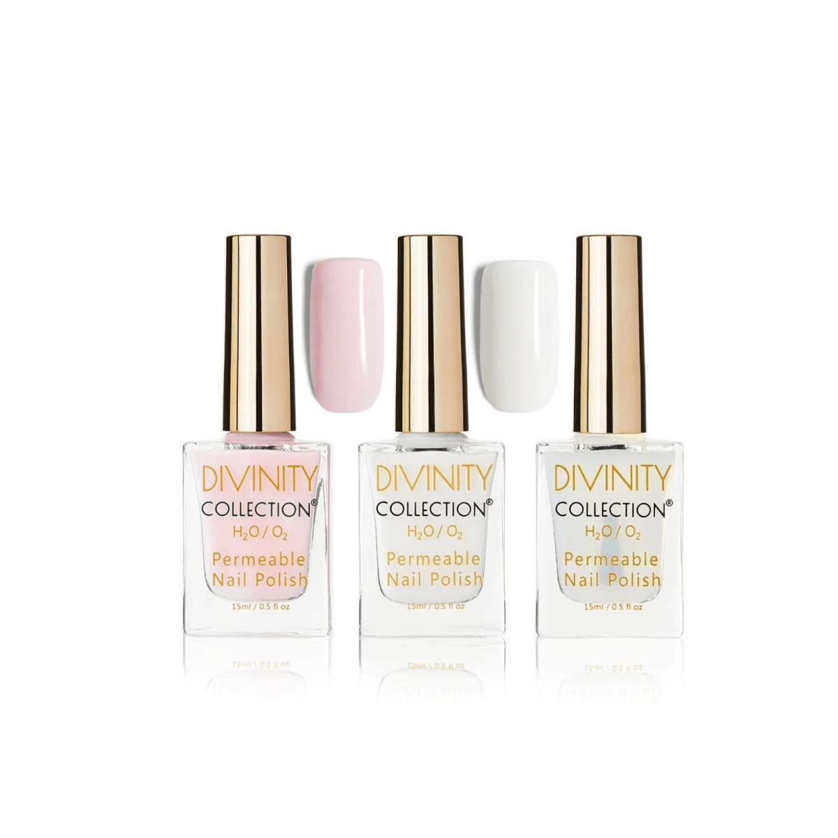 Lightest Pink, Milky White and Top Coat, the three polishes included with remover in this four-piece set