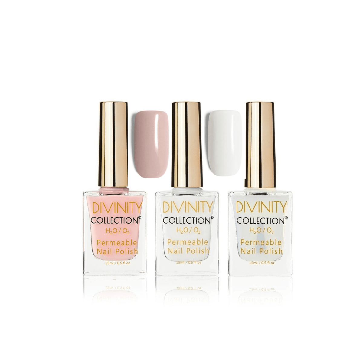 Nude, Milky White and Top Coat: three of the five polishes included in the six-piece set