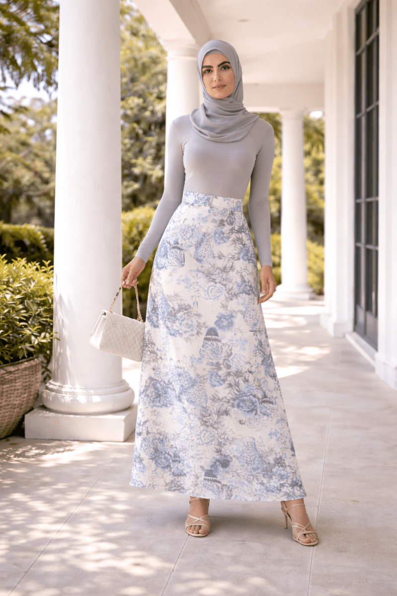 Paradise 100% Silk Maxi Skirt – Blue Floral Modest Skirt (Luxury Lightweight Silk) - Divinity Collection
