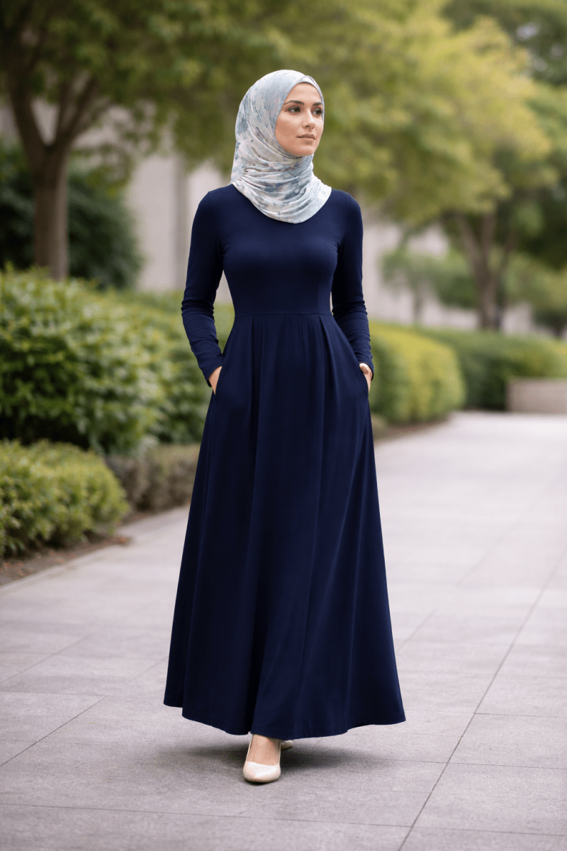 The Essential Ponte Pleated Maxi – Navy | Discreet Side Pockets - Divinity Collection